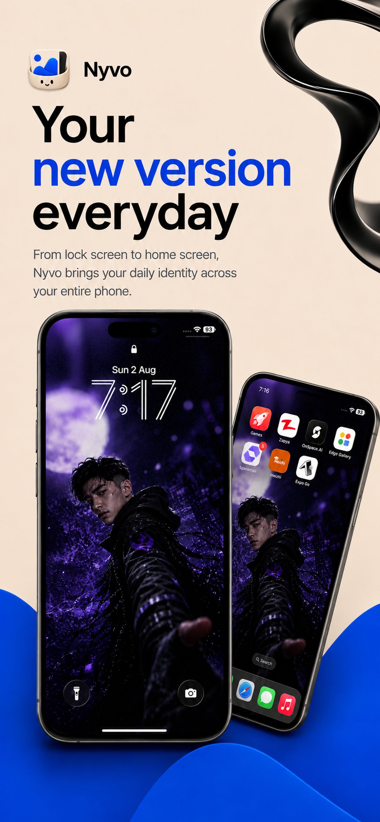 A Nyvo wallpaper across the lock screen and home screen